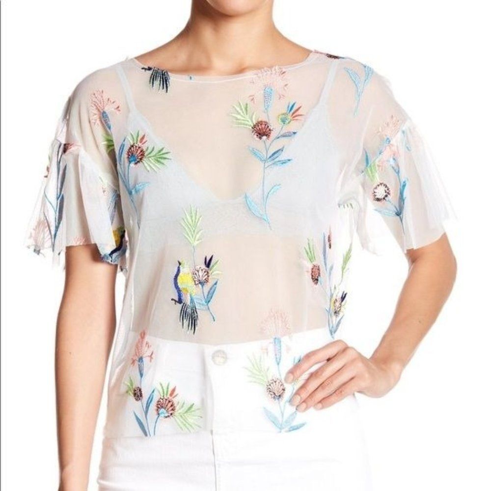 June & Hudson Floral Top Small Embroidered Sheer Mesh Raw Edge Blouse